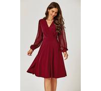 Fs Collection V Neck Midi Dress With Sheer Long Sleeve In Dark Red Dark Red