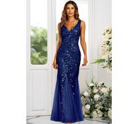 Fs Collection V Neck Sequin Leaf Embroidered Maxi Dress In Navy Navy