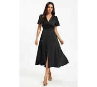 Fs Collection V Neckline Button Detail Satin Midi Dress In Black Black