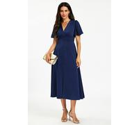 Fs Collection V Neckline Button Detail Satin Midi Dress In Navy Navy