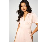 Fs Collection V Neckline Button Detail Satin Midi Dress In Peach Peach