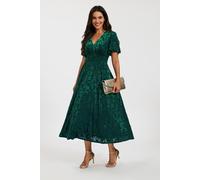 Fs Collection Velvet Burnout V-Neck Angel Sleeve Midi Dress In Green Green