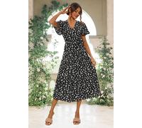 Fs Collection White Floral Print Hem Tiered Wrap Midi Dress In Black Black