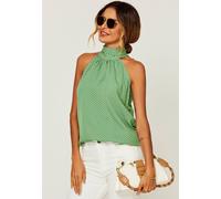 Fs Collection White Polka Dot Print Halter Neck Tie Back Top In Green In Light Green Light Green