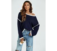 FS Collection White Striped Oversized Jumper Top In Navy - Onesize - Navy