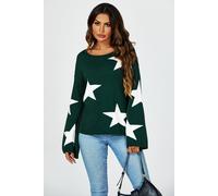 Fs Collection Wide Sleeve Oversize Dark Green Jumper With White Star Green One Size