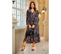 FS Collection Women's Abstract Floral Print Long Sleeve V Neck Wrap Top Midi Dress In Black | Size: Large FS Collection Black L