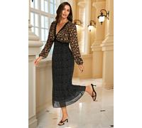 FS Collection Women's Black Dot & Brown Leopard Print Long Sleeve Maxi Dress | Size: Large FS Collection Multicolor L