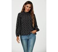 FS Collection Women's Bow Print Frill Detail High Neck Top In Black | Size: Small FS Collection Black S