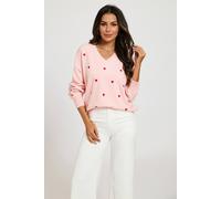 FS Collection Women's Embroidery Heart V-Neck Knitted Jumper in Pink