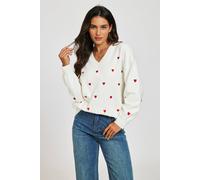 FS Collection Women's Embroidery Red Heart V Neck Jumper In Cream FS Collection Cream One Size