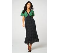 FS Collection Women's Floral Dot Print Lace Trim V-Neck Angel Sleeve Midi Dress | Size: Medium