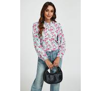 FS Collection Women's Floral Print Frill Detail High Neck Top In Blue & Pink | Size: Small FS Collection Blue S