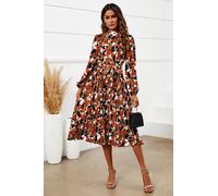 FS Collection Women's Floral Print High Neck Long Sleeve Midi Dress In Rust in Copper | Size: Medium FS Collection Copper M