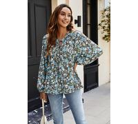 FS Collection Women's Floral Print long sleeve Blouse Top In Blue | Size: Small