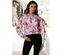 FS Collection Women's Floral Print Long Sleeve Frill High Neck Top In Pink | Size: XL FS Collection Pink XL