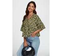 FS Collection Women's Floral Print Short Sleeves Crop Top In Olive | Size: Large FS Collection Olive L