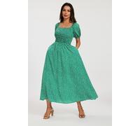 FS Collection Women's Floral Shirred Square Neck Midi Dress with Puff Sleeves in Green | Size: Medium FS Collection Green M