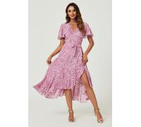 FS Collection Women's Floral Wrap Front Flutter Sleeve Midi Dress in Pink | Size: XS FS Collection Pink XS