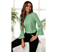 FS Collection Women's Frill Cuff Long Sleeve Blouse Top In Green Polka Dot | Size: Medium FS Collection Green M