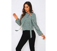 FS Collection Women's Geo Print Side Tie Blouse Top in Green | Size: XL