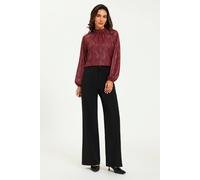 FS Collection Women's Gold Stripe Foil Long Sleeve Frill High Neck Top In Wine | Size: Medium