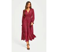FS Collection Women's Gold Stripe Foil V-Neckline Long Sleeve Dress In Wine | Size: Small FS Collection Wine S