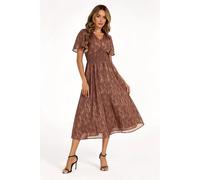 FS Collection Women's Gold Stripe Foil V-Neckline Short Sleeve Dress in Brown | Size: Large FS Collection Brown L