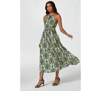 FS Collection Women's Green & Beige Floral Print Tie Halterneck Maxi Dress | Size: Large FS Collection Green L