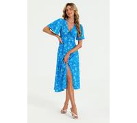 FS Collection Women's Green Floral Print Angel Sleeve Midi Dress In Blue | Size: Medium FS Collection Blue M