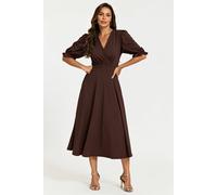 FS Collection Women's Half Sleeves Jersey Midi Dress with Wrap Neckline in Chocolate | Size: XS FS Collection Chocolate XS