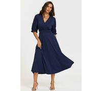 FS Collection Women's Half Sleeves Jersey Midi Dress with Wrap Neckline in Navy | Size: XS FS Collection Navy XS