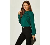 FS Collection Women's High Neck Back Cut Detail Blouse Top in Green | Size: XL