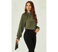 FS Collection Women's High Neck Back Cut Detail Blouse Top in Khaki | Size: Medium FS Collection Khaki M