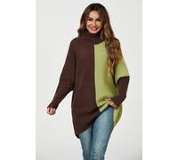FS Collection Women's High Neck Half Brown & Green Block Color Jumper Top FS Collection Brown One Size
