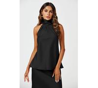 FS Collection Women's High Neck Sleeveless Satin Blouse Top in Black | Size: Large FS Collection Black L