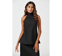 FS Collection Women's High Neck Sleeveless Satin Blouse Top in Black | Size: XS