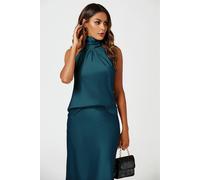 FS Collection Women's High Neck Sleeveless Satin Blouse Top in Teal | Size: Medium