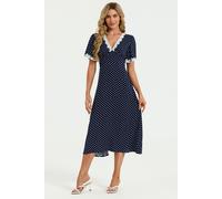 FS Collection Women's Lace Trim Dot Print Midi Dress In Navy | Size: XL FS Collection Navy XL