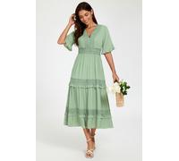 FS Collection Women's Lace Trim V Neck Tiered Midi Dress in Green | Size: Small FS Collection Green S