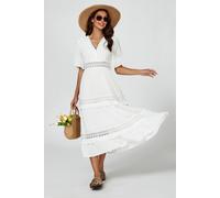 FS Collection Women's Lace Trim V Neck Tiered Midi Dress in White | Size: XL