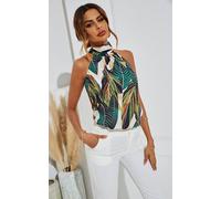 FS Collection Women's Leaf Print Halter Neck Tie Back Top In Green | Size: 8/10