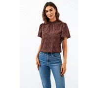 FS Collection Women's Leopard Print Angel Sleeve High Neck Top/Blouse In Rusty in Dark Red | Size: XL