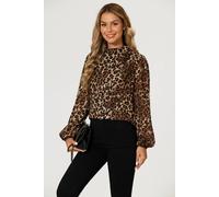 FS Collection Women's Leopard Print Foil Long Sleeve High Neck Top In Brown | Size: Large