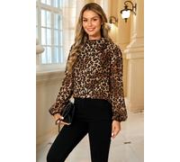 FS Collection Women's Leopard Print Foil Long Sleeve High Neck Top In Brown | Size: XL FS Collection Brown XL