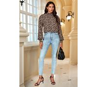 FS Collection Women's Leopard Print Long Sleeve High Neck Blouse In Brown | Size: Small FS Collection Brown S