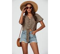 FS Collection Women's Leopard Print Tie Knot Front Buttoned Crop Top In Beige | Size: XS FS Collection Beige XS