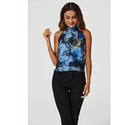 FS Collection Women's Marble Print Halter Neck Tie Back Top In Navy | Size: Large FS Collection Navy L