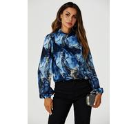 FS Collection Women's Marble Print Long Sleeve High Neck Top In Navy | Size: Small FS Collection Navy S
