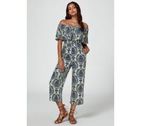 FS Collection Women's Off The Shoulder Print Frill Jumpsuit In Navy | Size: Small FS Collection Navy S